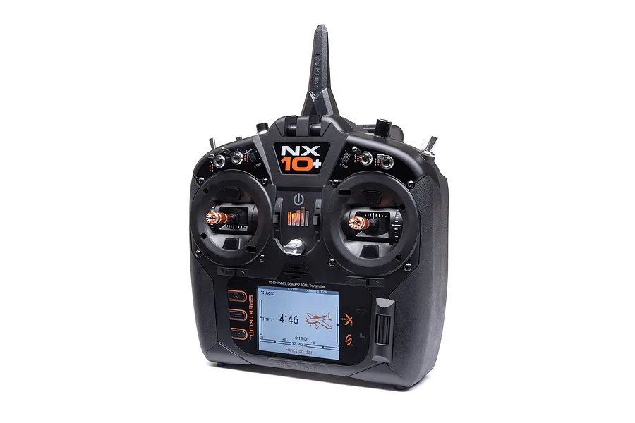 Studio product shot of the Spektrum NX10+ 20ch DSMX transmitter showcasing its dual gimbals, switches, and illuminated screen.