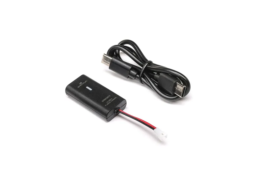Spektrum USB-C LiPo battery charger with connected black and red wire and a coiled USB cable on a white background.
