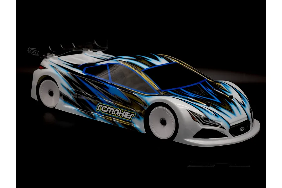 RC Maker SP2 EP RC Touring Car painted body shell mounted on chassis against a black background.
