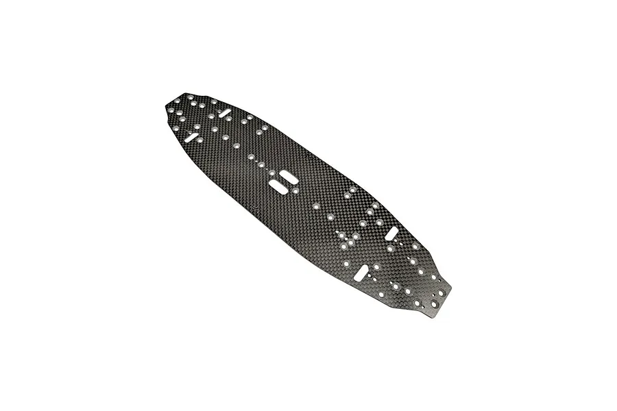 RC Maker carbon fibre main chassis plate viewed from above on a white background, featuring numerous machined screw holes and cutouts.