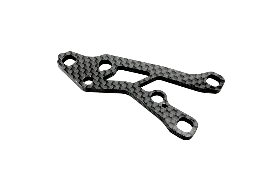 RC Maker Carbon Fibre Front Suspension Arm isolated on a white background, featuring a woven carbon fiber pattern and mounting holes.