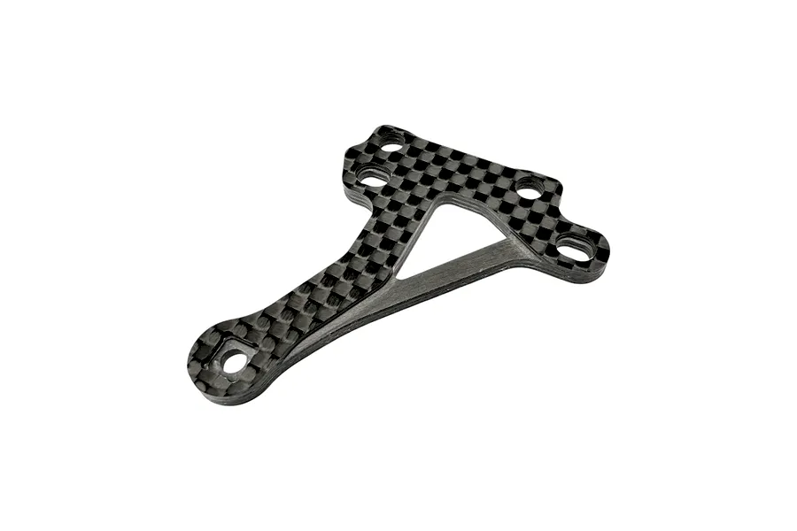 RC Maker carbon fibre rear upper bulkhead and vertical body mount component viewed against a white background.