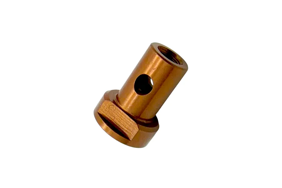 An orange anodized metal steering rack post for RC cars displayed on a plain white background.