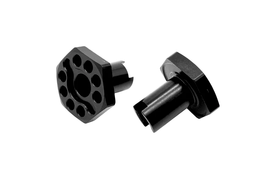 Two black anodised aluminium RC wheel hex adapters displayed against a clean white background.