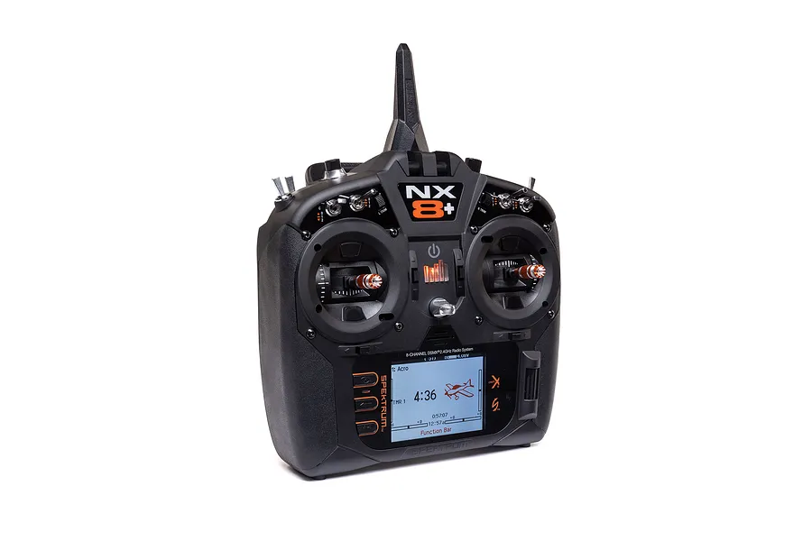 Spektrum NX8+ 20ch DSMX RC transmitter shown against a plain white background, featuring dual joysticks and a digital screen.