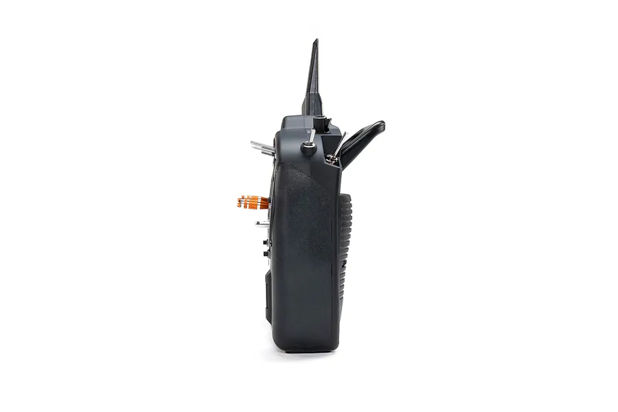 Right profile view of the Spektrum NX8+ 20ch DSMX transmitter showcasing switches, thumb stick, and textured grip against a white background.