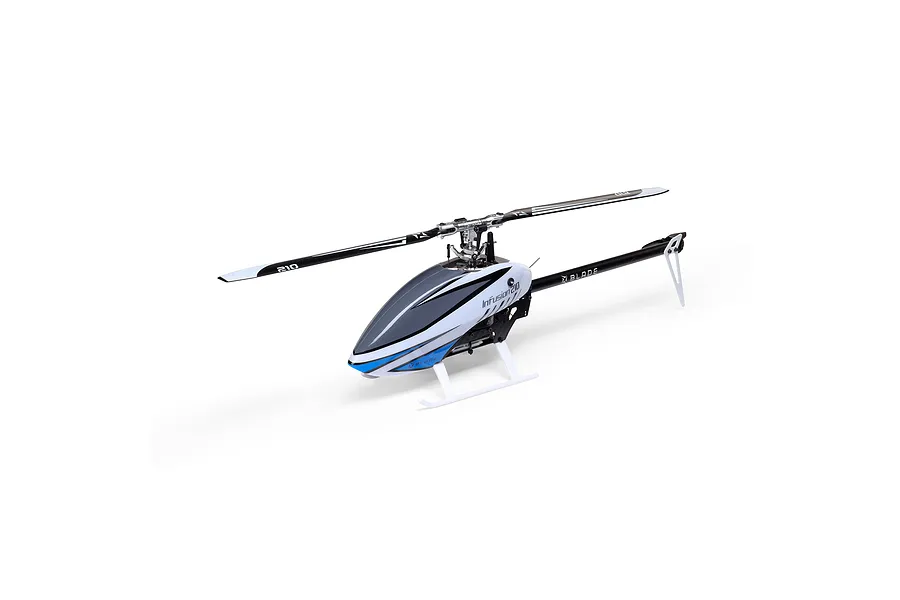 Studio shot of the Blade InFusion 210 RC Helicopter in white, black, and blue livery against a white background.