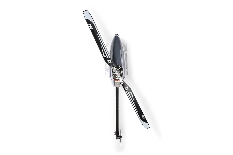 Top-down studio view of the Blade InFusion 210 RC Helicopter showing main rotor blades and tail boom against a white background.