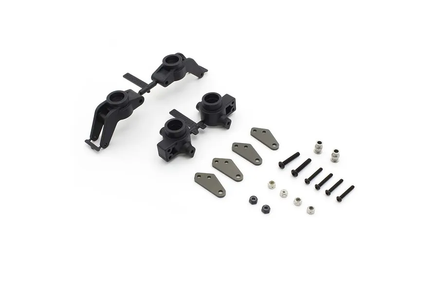 Kyosho hub set including black plastic molded parts, metal brackets, screws, and ball studs on a white background.