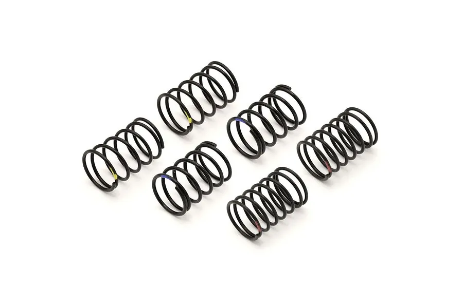 A set of six black RC shock springs arranged in pairs on a plain white background, each pair featuring small colour identification marks.