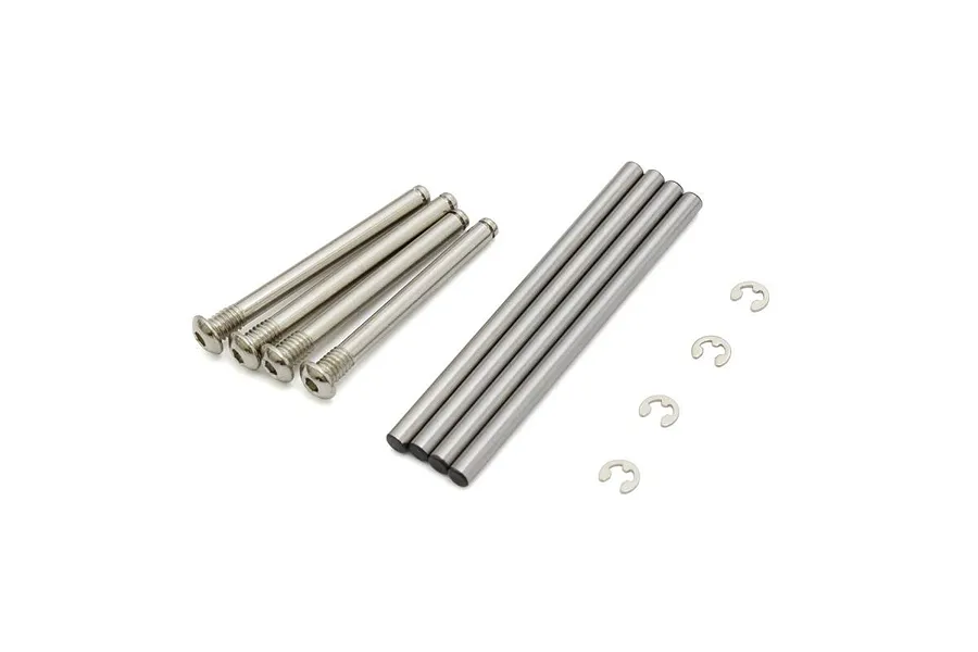 Kyosho suspension arm pin set including metal hinge pins, threaded shafts, and E-clips on a white background.