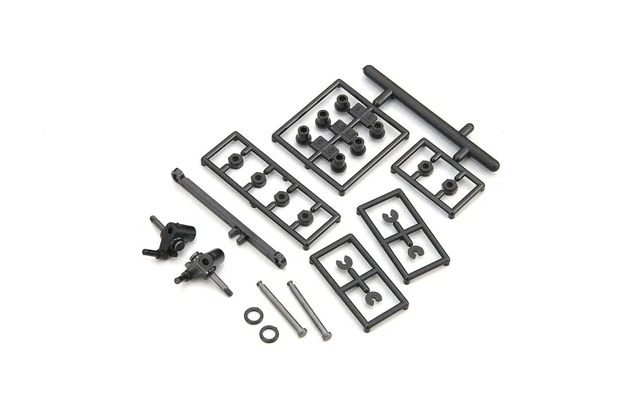 Kyosho front suspension parts set including black plastic molded suspension arms, hubs, spacers, and pins on a white background.