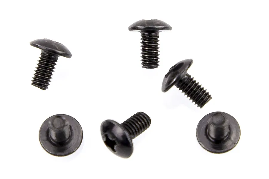 Five black button head machine screws arranged on a white background.