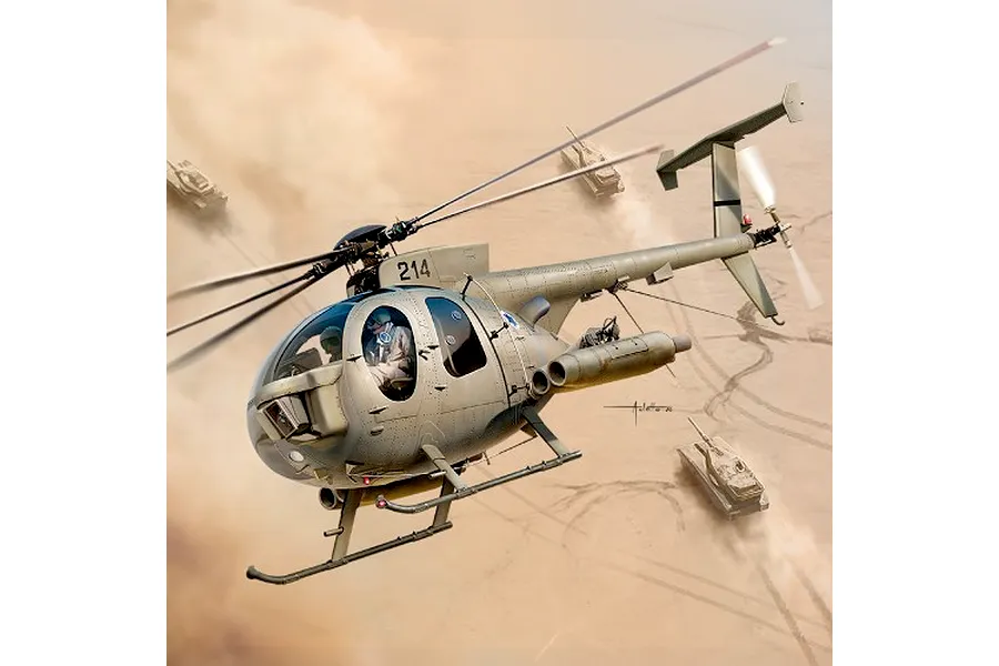 Dynamic box art illustration of an MD 500 Defender military helicopter flying over a desert landscape with tanks.