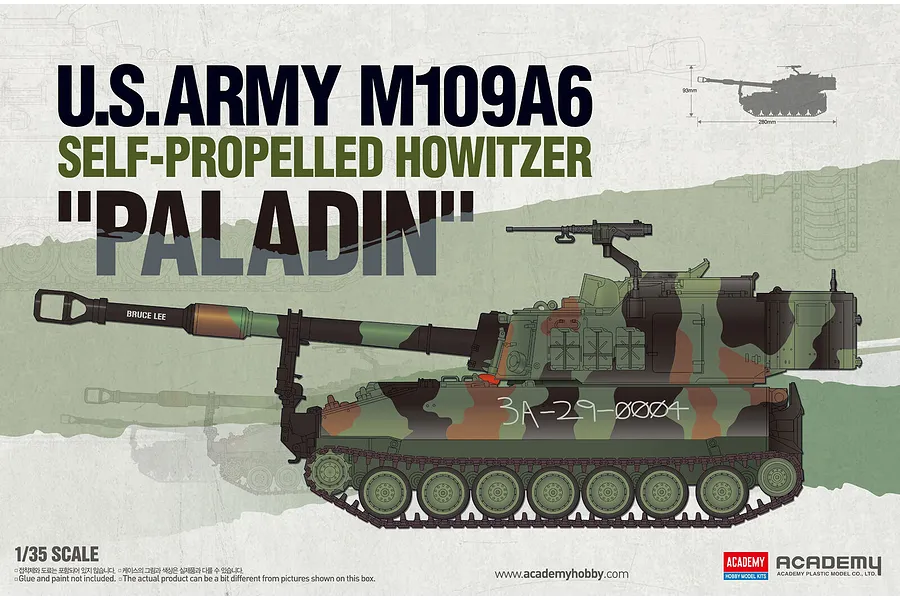 Academy 1/35 scale U.S. Army M109A6 Paladin Self-Propelled Howitzer plastic model kit box art showing side profile illustration of the tank.