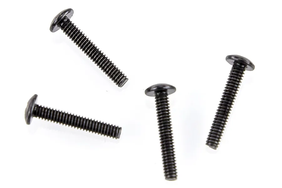 Four black metal button head screws with fine threads arranged on a white background.