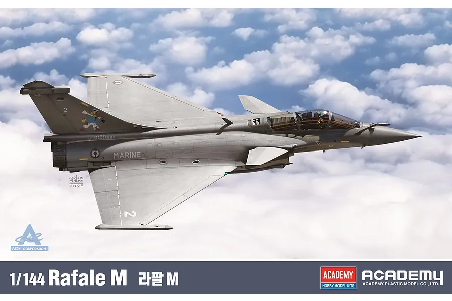 Box art painting of a grey Rafale M jet in flight against a cloudy sky background, for Academy 1/144 model kit.
