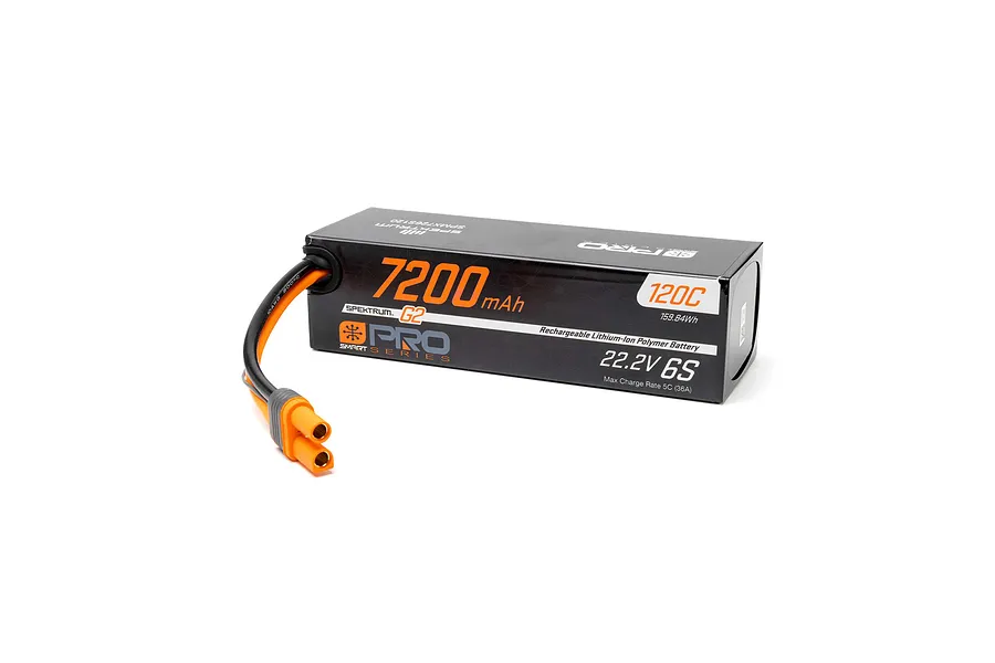 Spektrum G2 22.2V 7200mAh 120C 6S hard case LiPo battery with IC5 connector on a white background.
