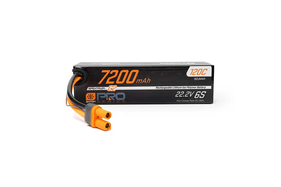 Spektrum G2 22.2V 7200mAh 120C 6S Hard Case LiPo Battery with IC5 connector on a white background.