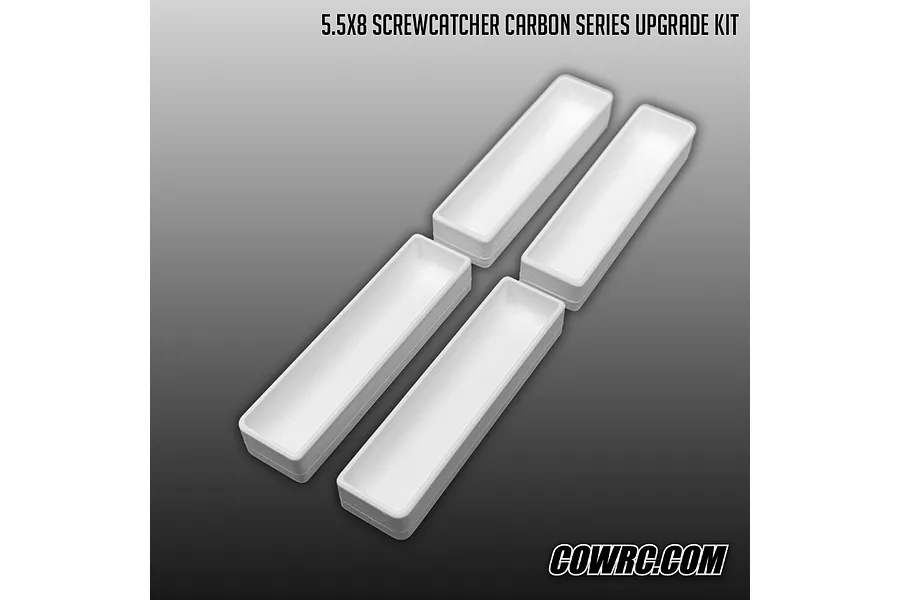 CowRC 5.5x8 Screwcatcher Carbon Series Upgrade Kit showing four white rectangular trays arranged on a grey gradient background.