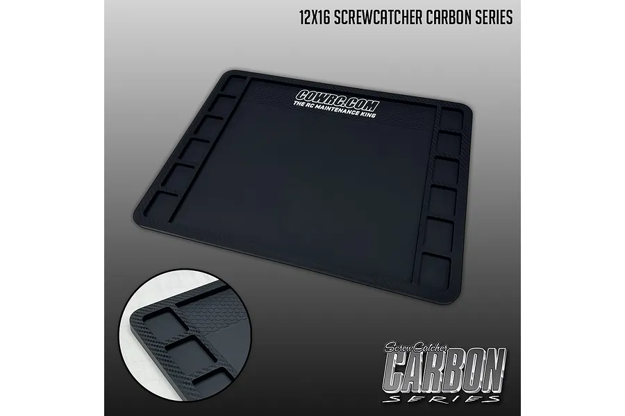 CowRC 12x16 Carbon Series screw catcher pit mat with compartmentalized edges against a gradient background.