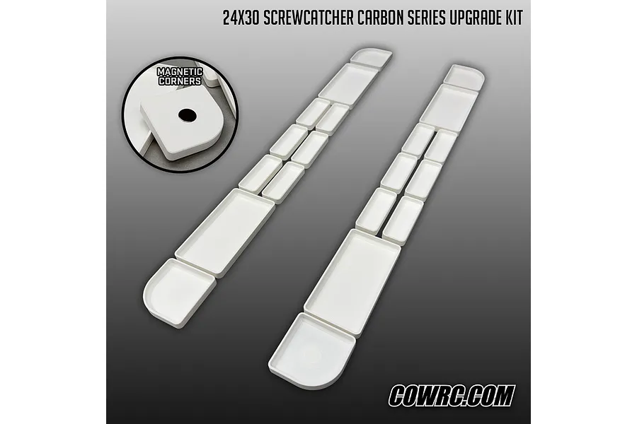 CowRC 24x30 Screwcatcher Carbon Series upgrade kit showing multiple white plastic parts and magnetic corners.