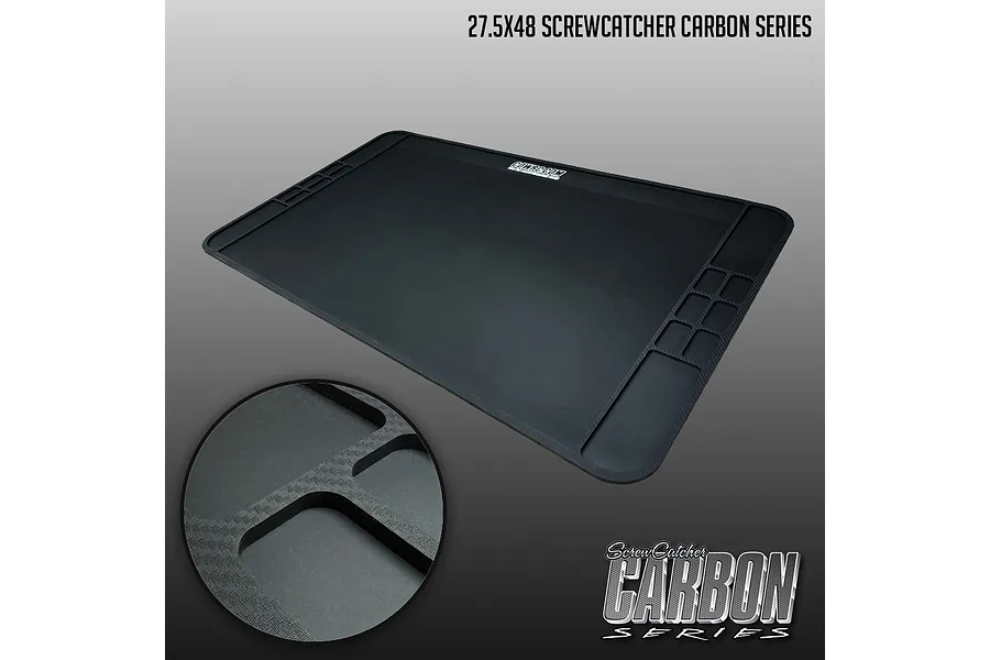 CowRC 27.5x48 Inch Carbon Series Pit Mat shown from an overhead angle with a circular inset highlighting the carbon texture.