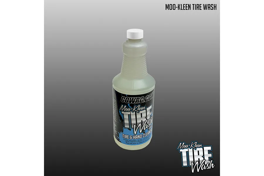 A bottle of CowRC MOO-Kleen Tire Wash cleaner with a white cap against a gray background.