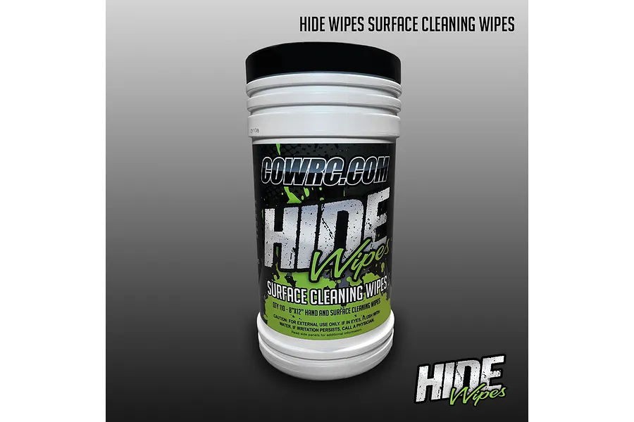 A container of CowRC Hide Wipes surface cleaning wipes featuring a white canister with a black lid and branded label.