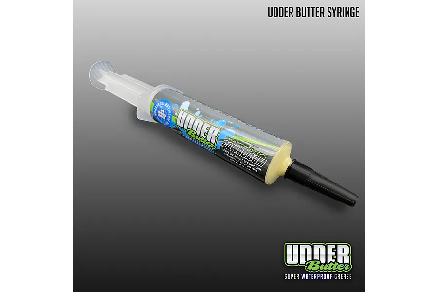 CowRC Udder Butter Syringe 40ml containing yellow grease with branded label on a grey background.