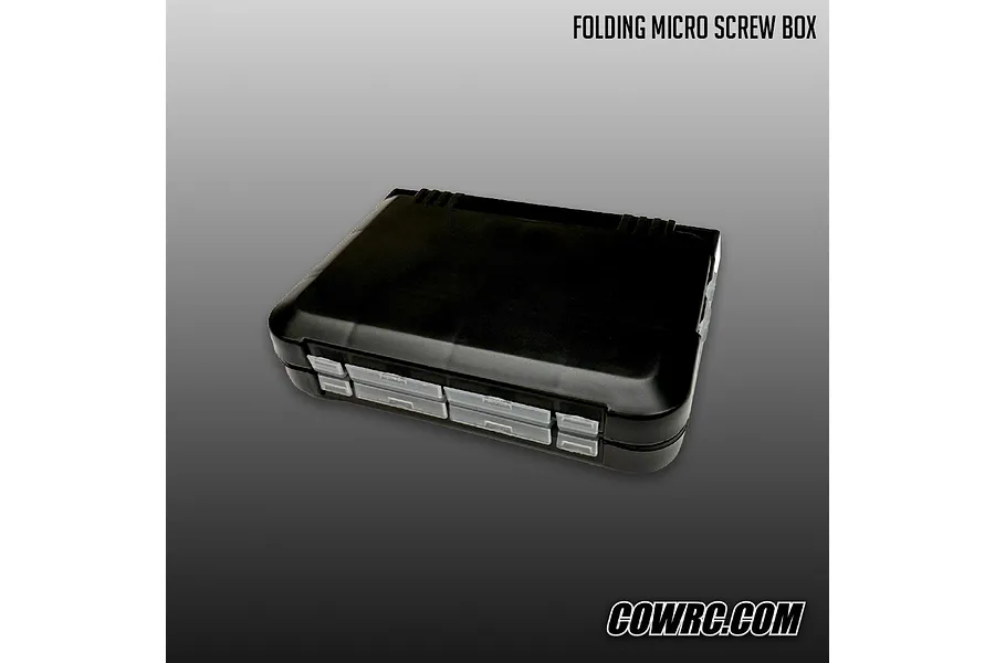 CowRC folding micro screw box closed in black plastic with clear latches on a grey gradient background.