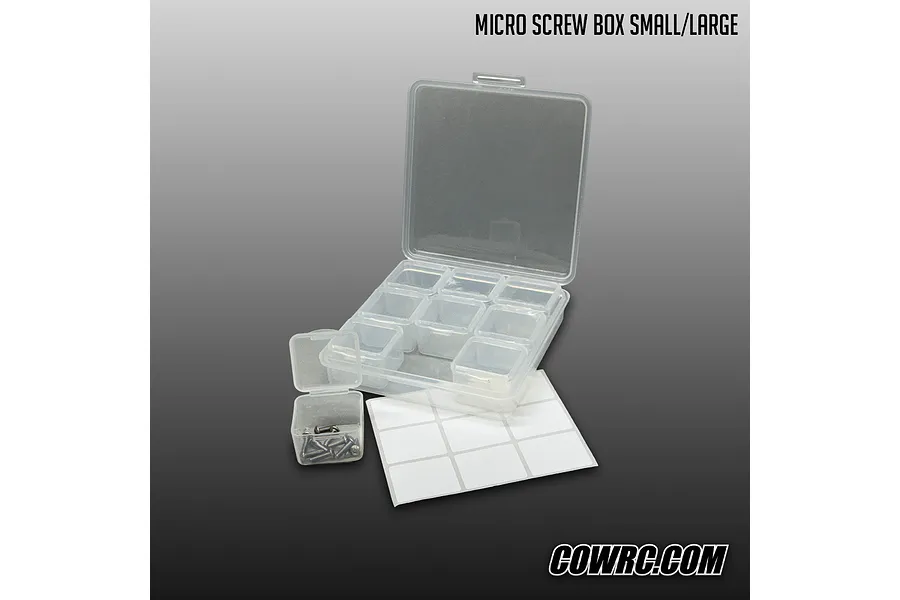 CowRC micro screw box with nine compartments, a smaller container with screws, and blank labels against a grey background.