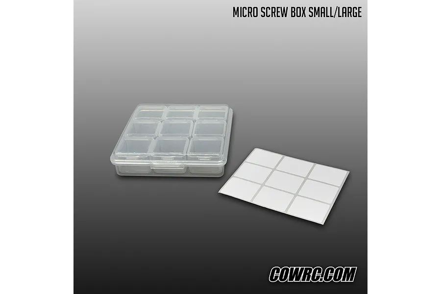 CowRC micro screw box with multiple compartments and a sheet of blank labels against a grey background.