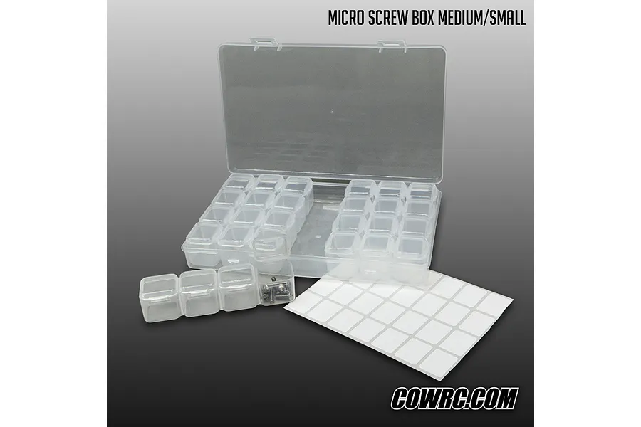 CowRC micro screw storage box with multiple small compartments and a sheet of blank label stickers against a gradient background.