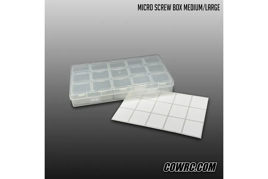 CowRC clear plastic compartmentalized micro screw storage box with a blank label sheet on a gradient background.