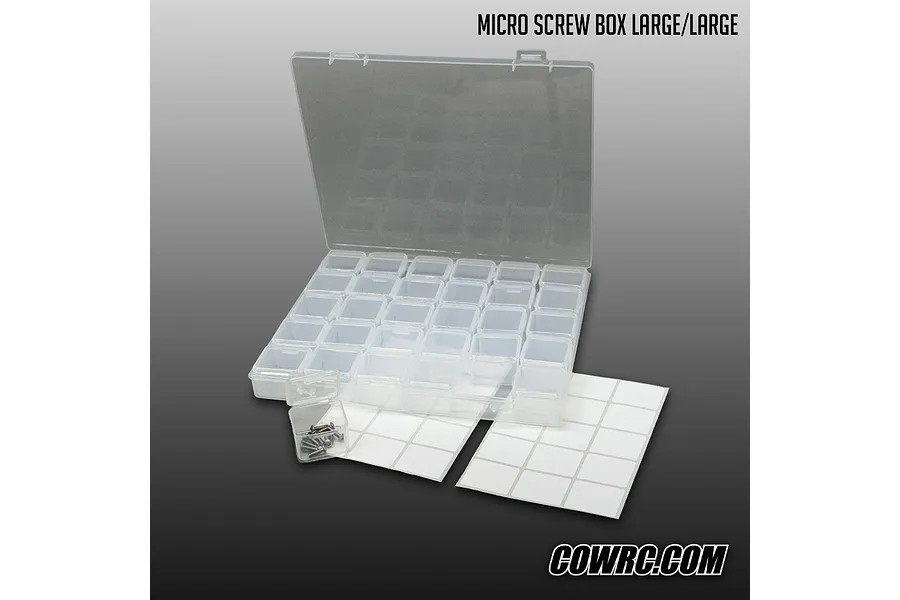CowRC clear plastic storage box with multiple small compartments, two label sheets, and a mini container with screws.