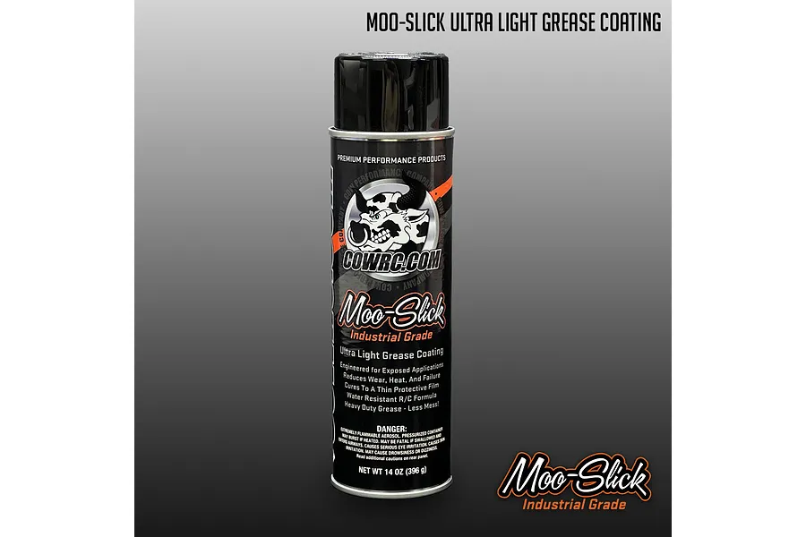 CowRC MOO-Slick Ultra Light Grease Coating aerosol spray can against a gradient grey background.