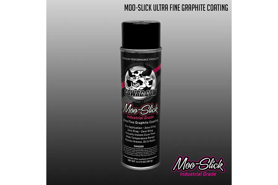 CowRC MOO-Slick Ultra Fine Graphite Coating aerosol can standing upright against a gradient grey background.