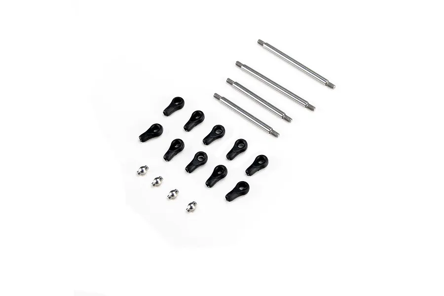 Axial steel straight links set featuring threaded metal shafts, black plastic rod ends, and small pivot balls laid out on a white background.