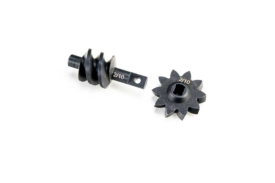 Axial steel gear set featuring a worm gear shaft and a matching gear both marked 2/10 against a plain white background.