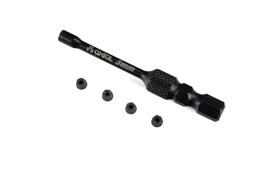 Axial steel serrated wheel nuts set including four black nuts and a matching 3mm wrench tool on a white background.
