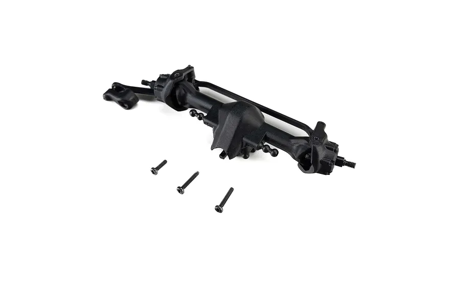 Axial front wide axle housing assembly in black plastic with three small mounting screws on a white background.