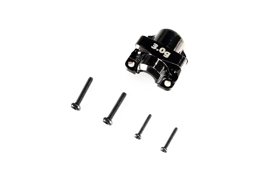 Axial 3.0g brass front differential cover in black with four included mounting screws on a white background.