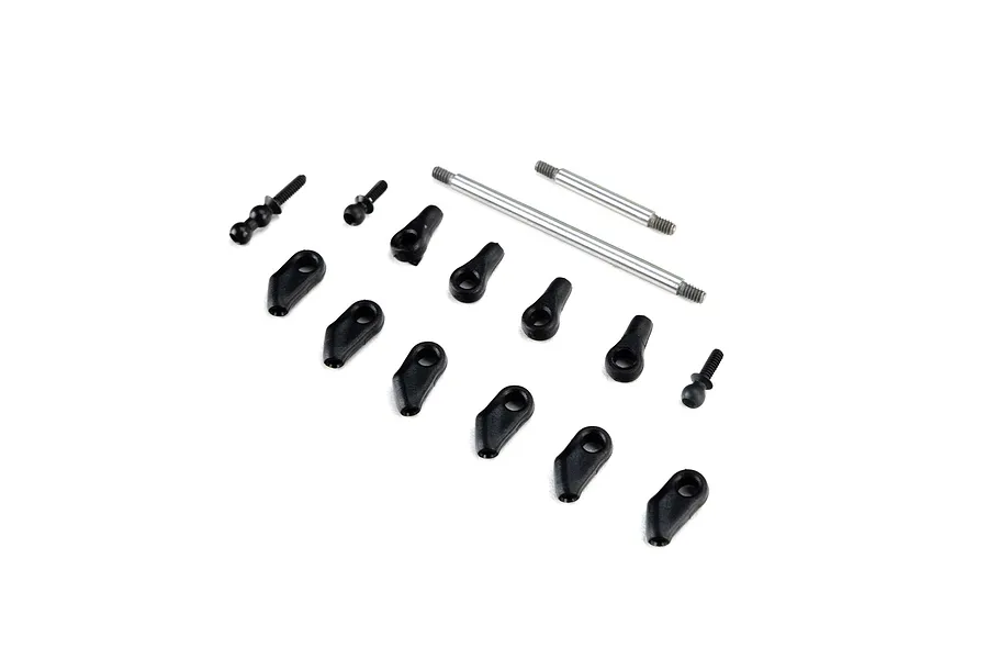 Axial Steel Standard Steering Links Set including two metal threaded rods, multiple black plastic rod ends, and several ball studs arranged on a white background.