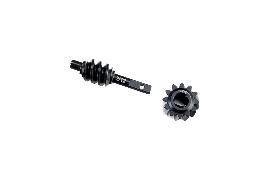 Axial steel ring and pinion gear set featuring a black pinion shaft and a matching ring gear with printed 2/12 markings.
