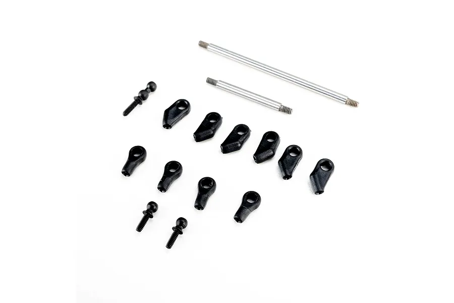 Axial steel wide steering links set featuring metal shafts, black plastic rod ends, and ball studs on a white background.