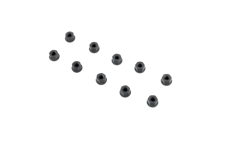A set of ten dark metal serrated wheel nuts arranged on a plain white background.