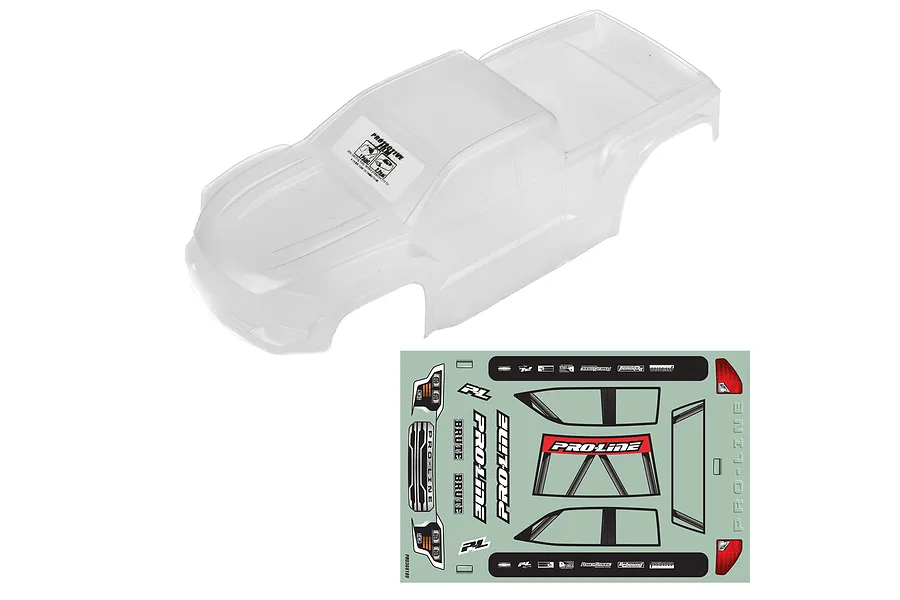 Pro-Line 1/16 Brute clear unpainted body shell and matching sticker sheet on white background