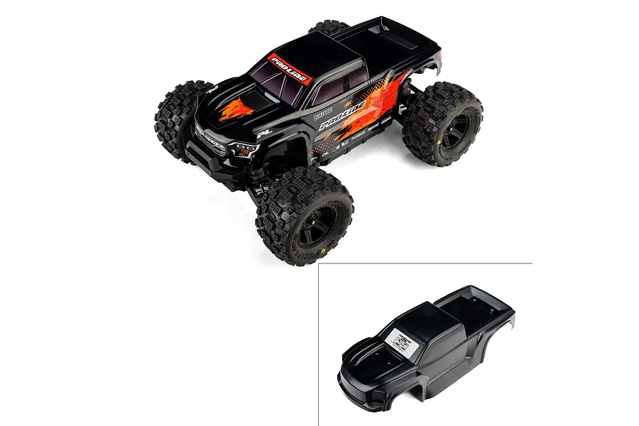 Pro-Line 1/16 Brute Tough Painted Body Shell in black, shown installed on an RC truck and separately as an inset image.