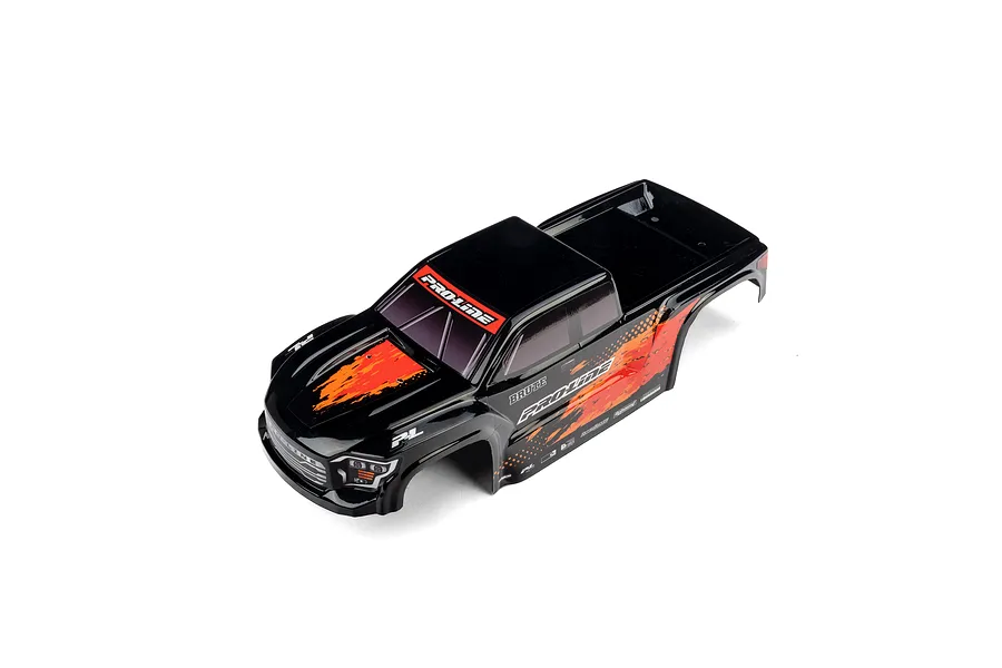 Pro-Line Brute painted body shell for 1/16 RC truck in black with red and orange graphics against a white background.